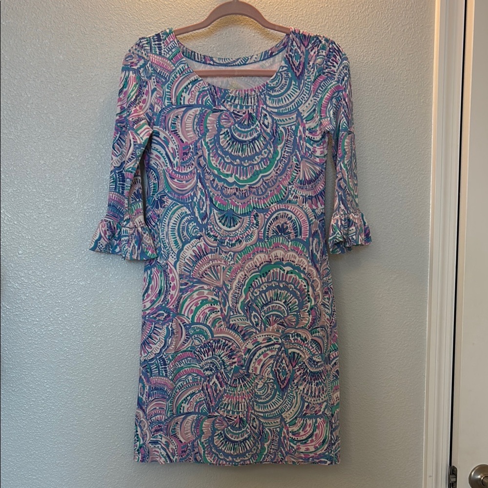 Lilly Pulitzer Blue and Pink Sheath Dress with 3/4 Bell Sleeves